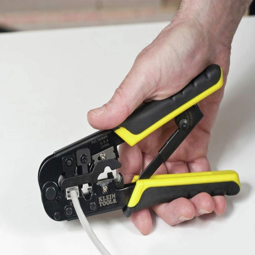 - 52767 VDV226-011-SEN Crimper, All-In-One Ratcheting Modular Data Cable Crimper / Wire Stripper / Wire Cutter, for RJ45, Cat5E, CAT6, CAT6A Yellow/Black