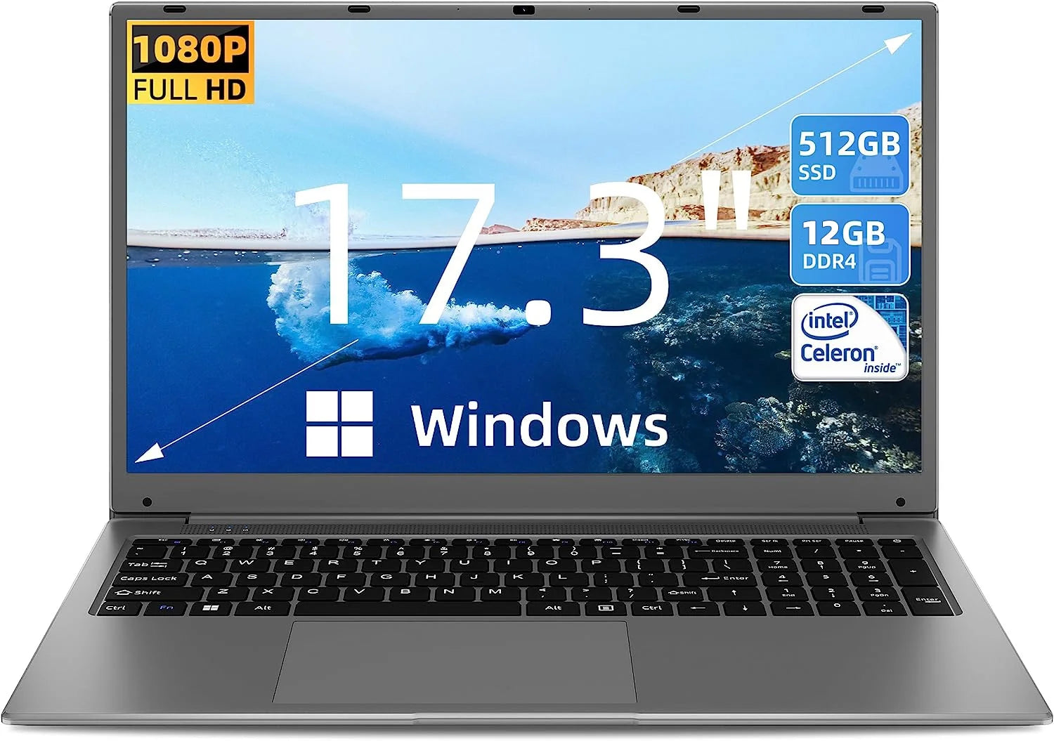 17.3 Inch Windows 11 Laptop 12GB DDR4 512GB SSD with Intel Celeron N5095 FHD 1920X1080, Gray