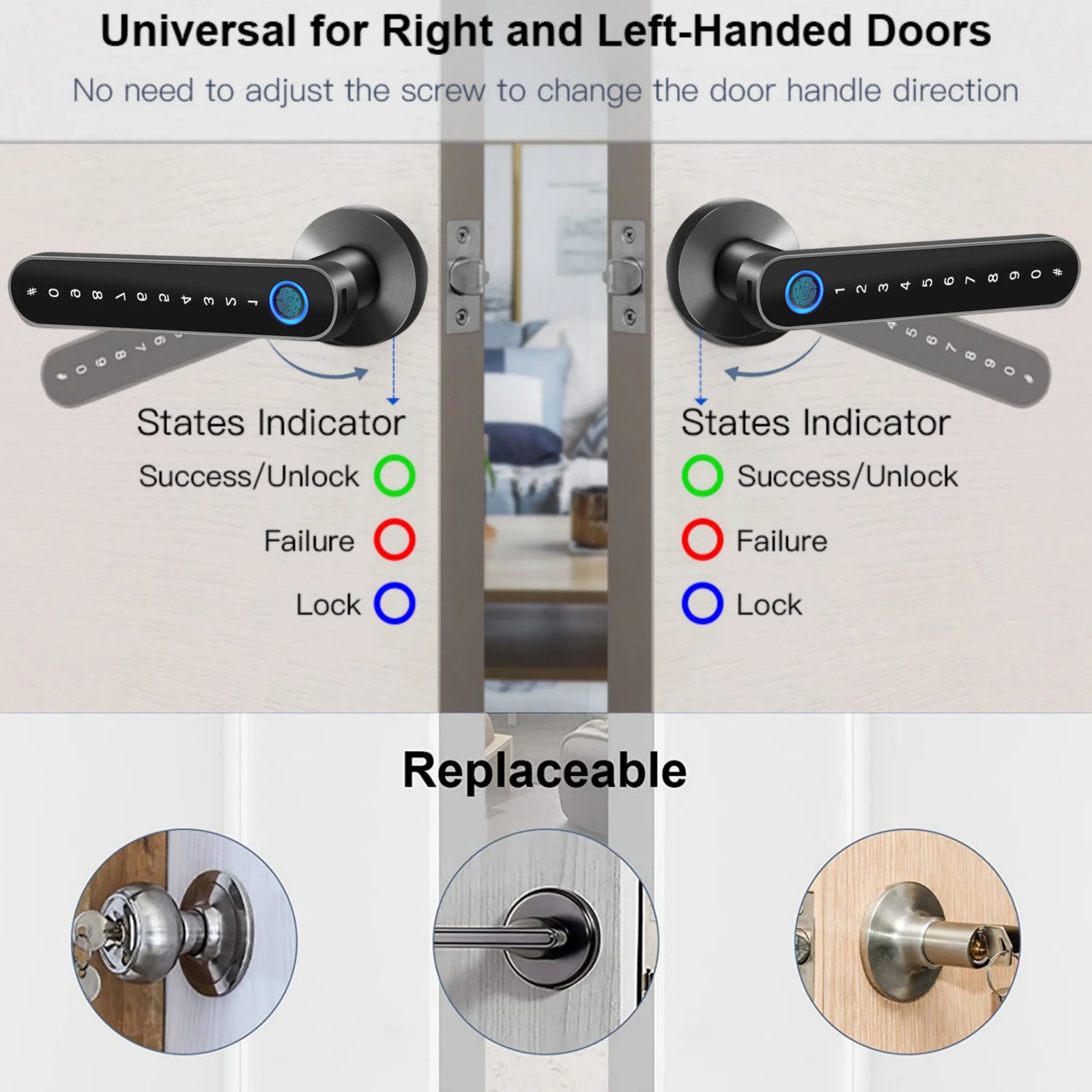 Smart Door Lock,Keyless Entry Door Lock with Handle,Fingerprint Door Lock with Tuya App,Smart Door Knob with Key for Home Bedroom