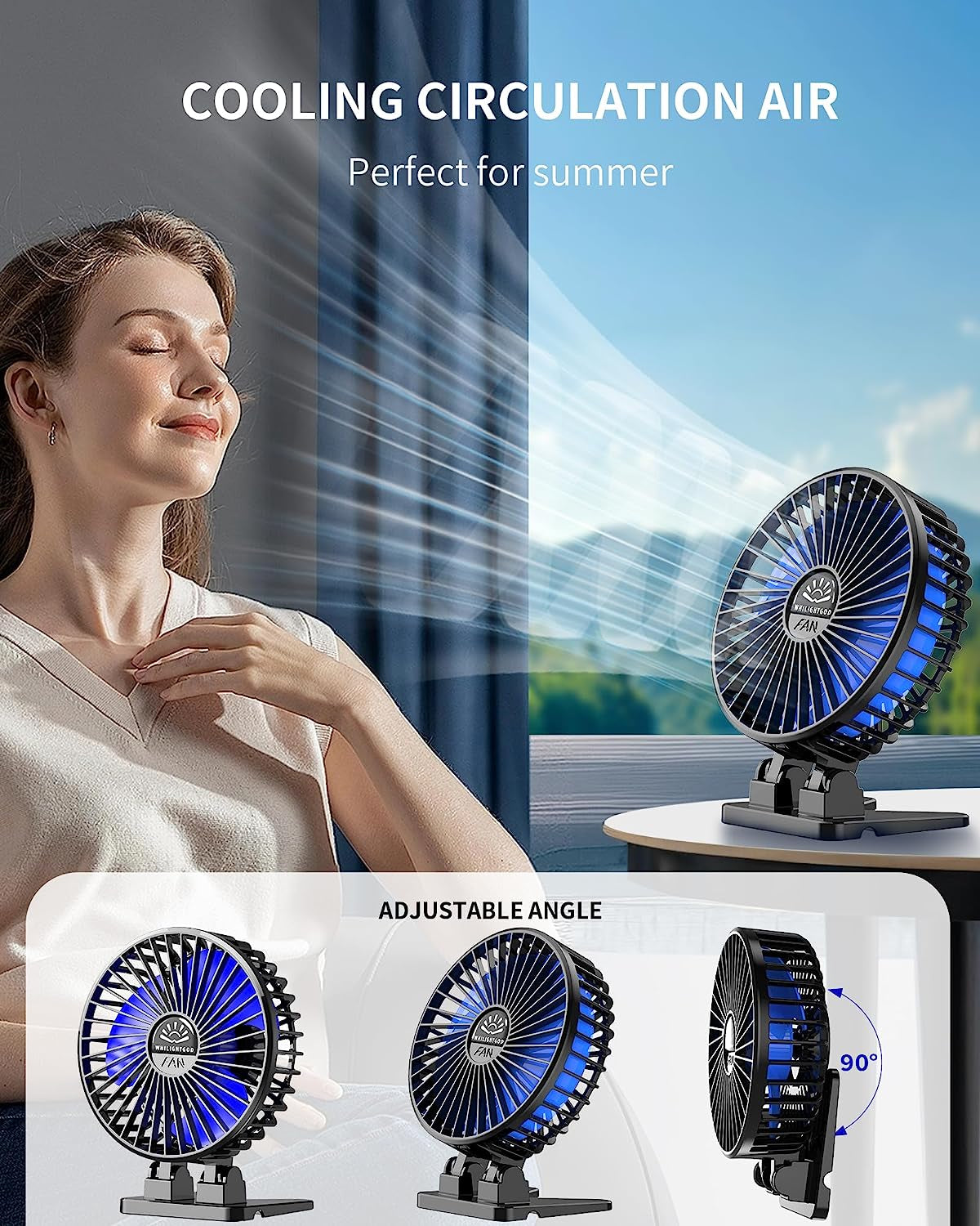 Desk Fan, USB Fan for Desk, Mini Desk Fan, 3 Speed Rotation Strong Wind, Protable Small Desktop Cooling Fan, Quite Mini Personal Fan for Home Office Table Bedroom Travel Curise(Black Blue)