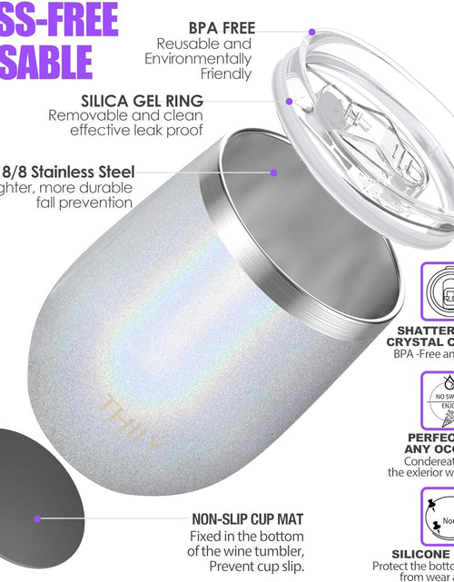 Load image into Gallery viewer, Vacuum Insulated Travel Wine Tumbler Stainless Steel 12 Oz Stemless Wine Glass with Sliding Lid, Reusable Straw, Keep Cold for Cocktail, Beer, Christmas Gifts, Glitter White
