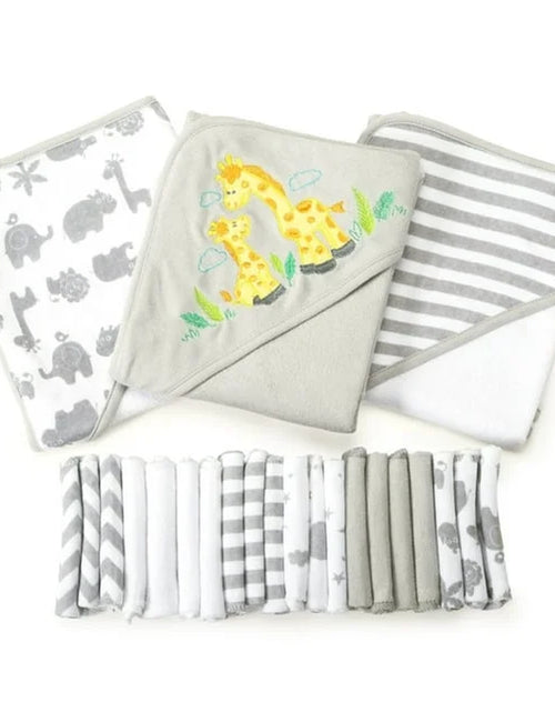 Load image into Gallery viewer, Bath Hooded Towels &amp; Washcloths Set for Babies, 23-Piece Gift Set, Gray Giraffe
