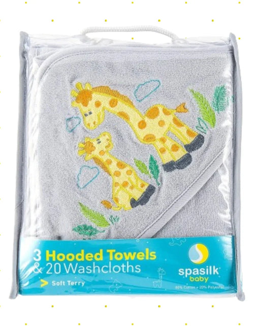 Load image into Gallery viewer, Bath Hooded Towels &amp; Washcloths Set for Babies, 23-Piece Gift Set, Gray Giraffe
